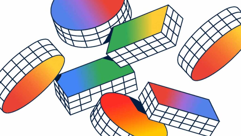 A group of 3D shapes including circles and rectangles where the surface of each are colorful gradients and the sides are white and gridded with black lines